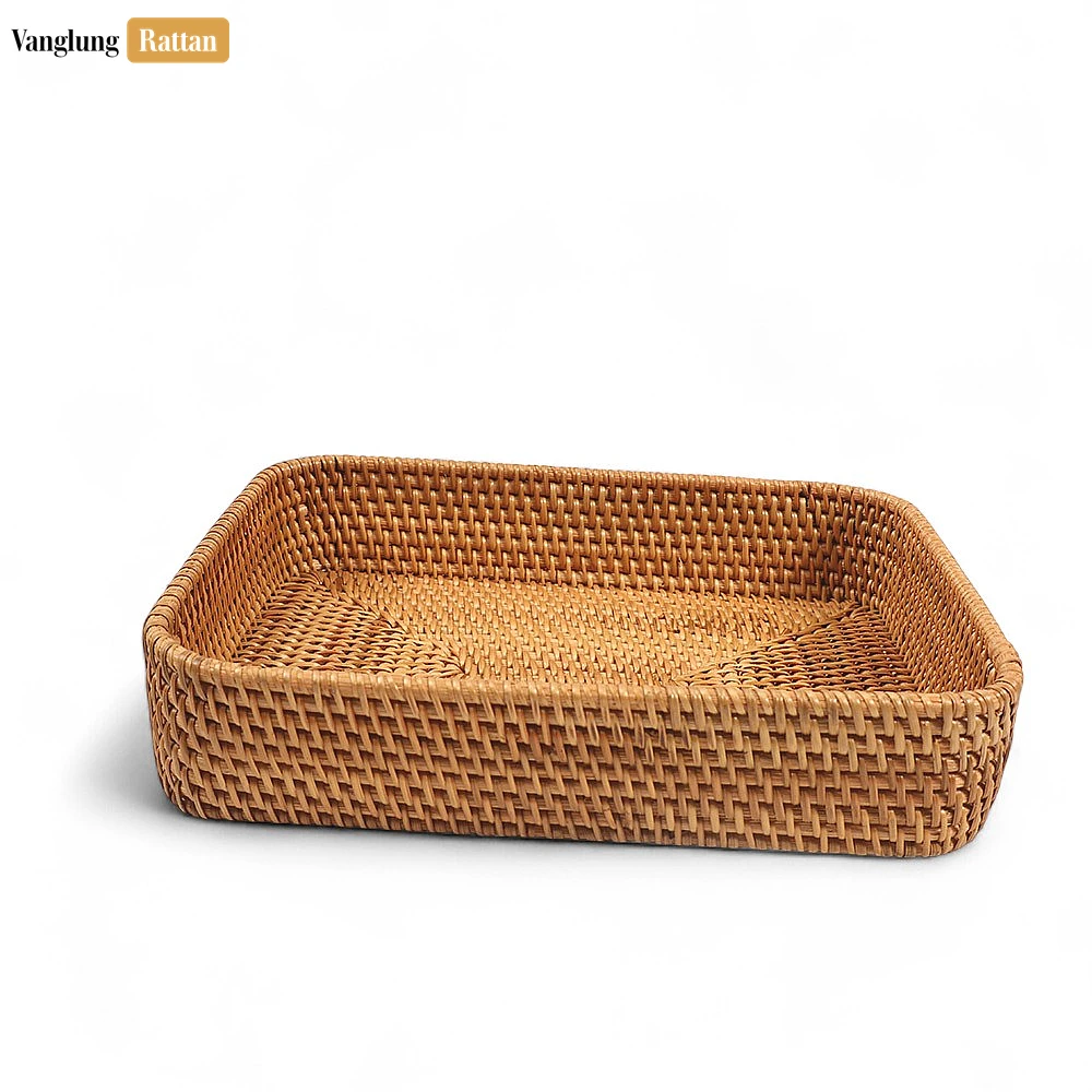 Rattan Export Brown Handwoven Round Rectangle Straw Rattan Basket Serving Tray with Fine Weave - REX-STCN011005