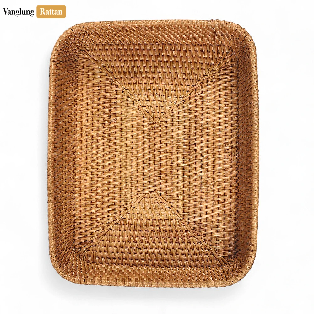 Rattan Export Brown Handwoven Round Rectangle Straw Rattan Basket Serving Tray with Fine Weave - REX-STCN011005