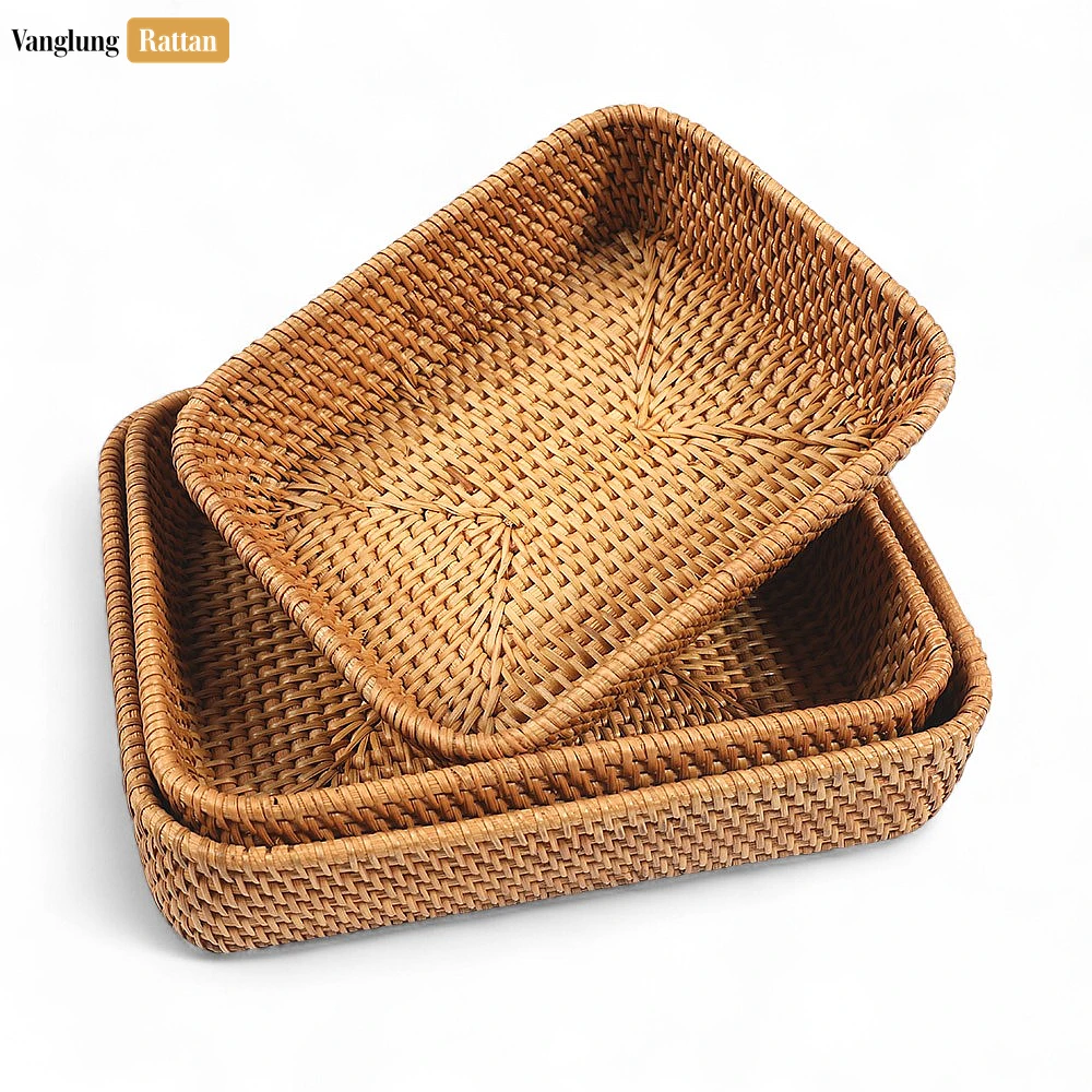Rattan Export Brown Handwoven Round Rectangle Straw Rattan Basket Serving Tray with Fine Weave - REX-STCN011005