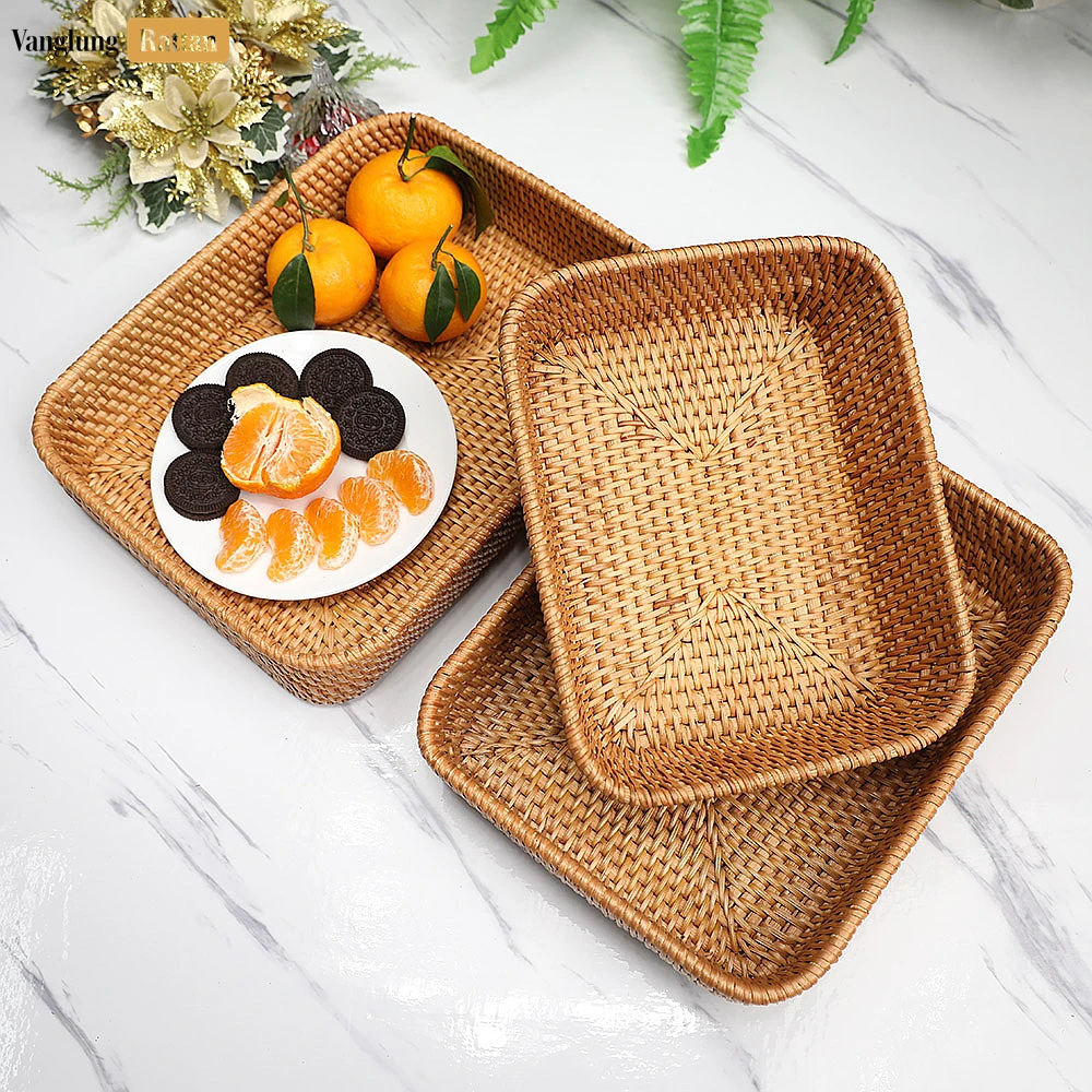 Rattan Export Brown Handwoven Round Rectangle Straw Rattan Basket Serving Tray with Fine Weave - REX-STCN011005