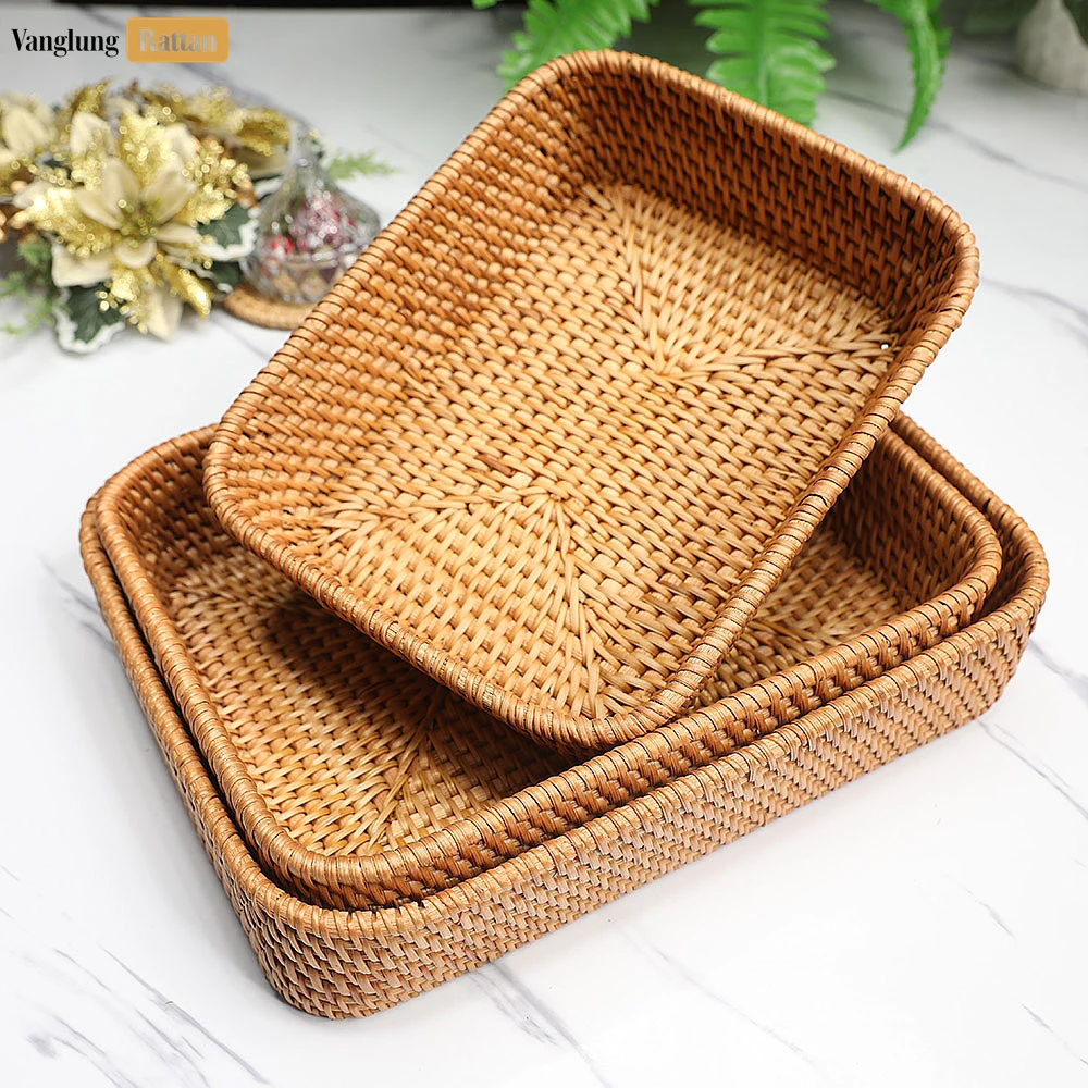 Rattan Export Brown Handwoven Round Rectangle Straw Rattan Basket Serving Tray with Fine Weave - REX-STCN011005