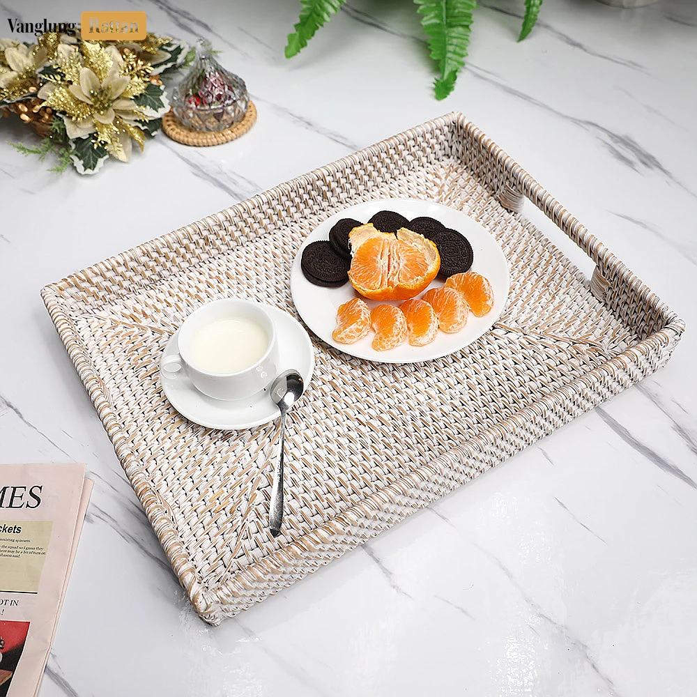 Rattan Export White Wash Handwoven Rectangle Straw Rattan Handles Serving Tray with Fine Weave - REX-STCN011002WW