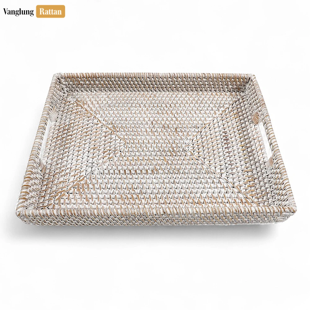 Rattan Export White Wash Handwoven Rectangle Straw Rattan Handles Serving Tray with Fine Weave - REX-STCN011002WW
