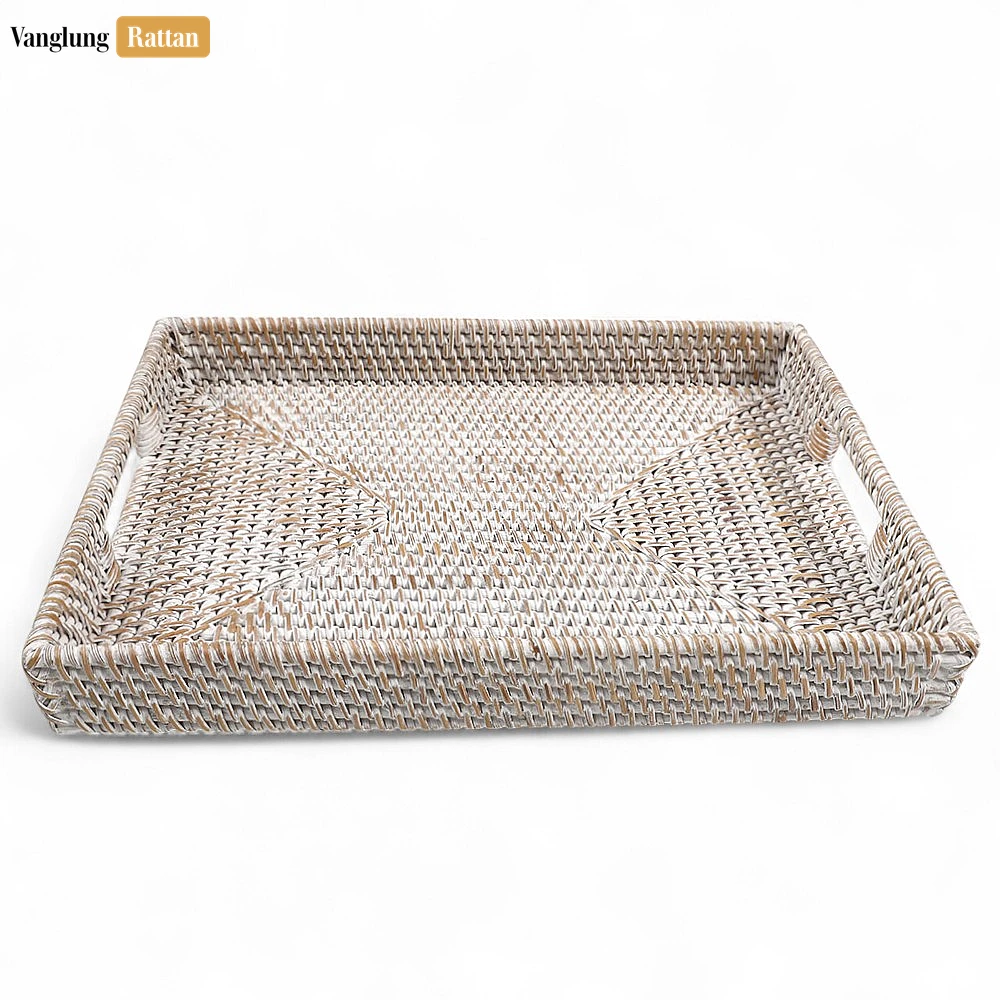 Rattan Export White Wash Handwoven Rectangle Straw Rattan Handles Serving Tray with Fine Weave - REX-STCN011002WW