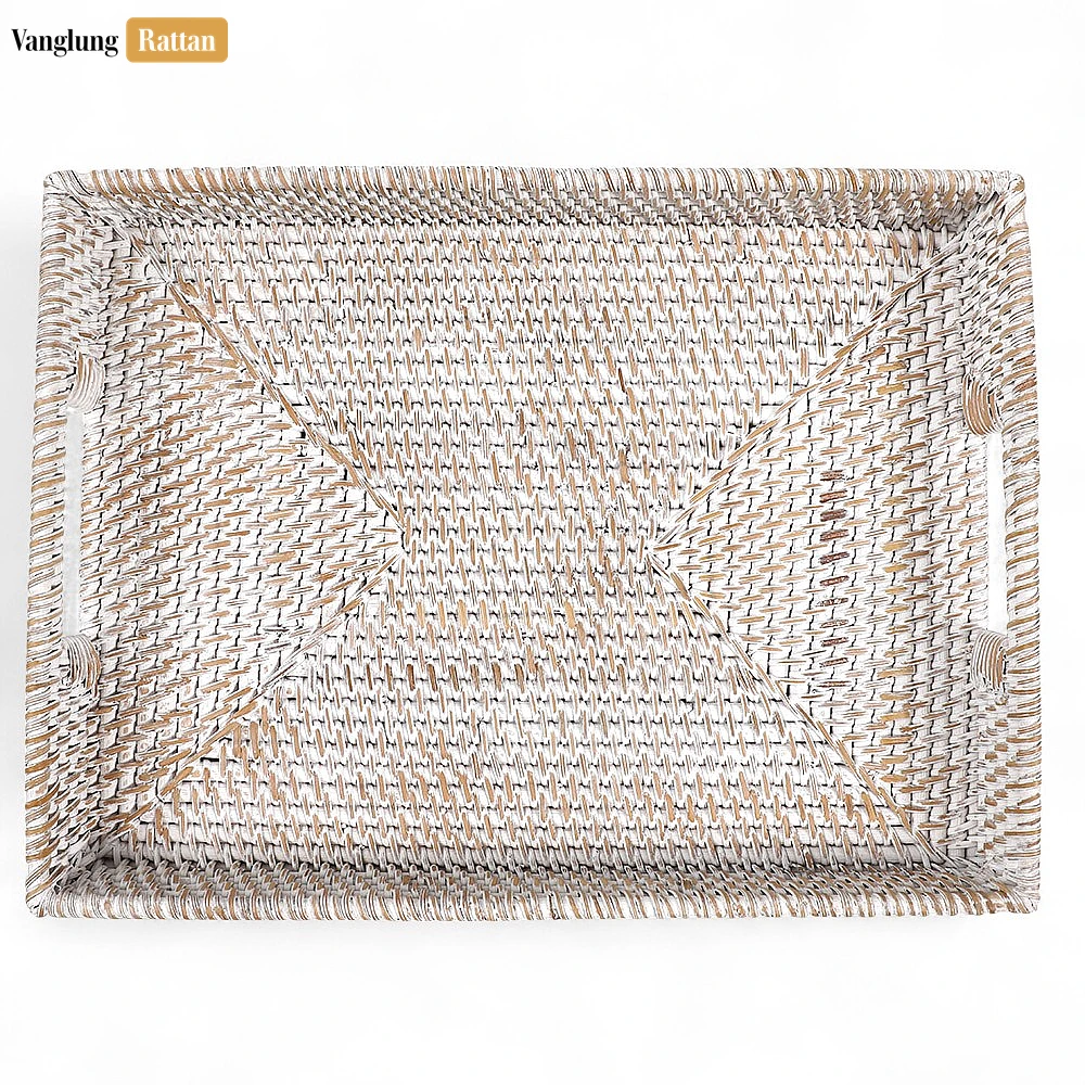 Rattan Export White Wash Handwoven Rectangle Straw Rattan Handles Serving Tray with Fine Weave - REX-STCN011002WW