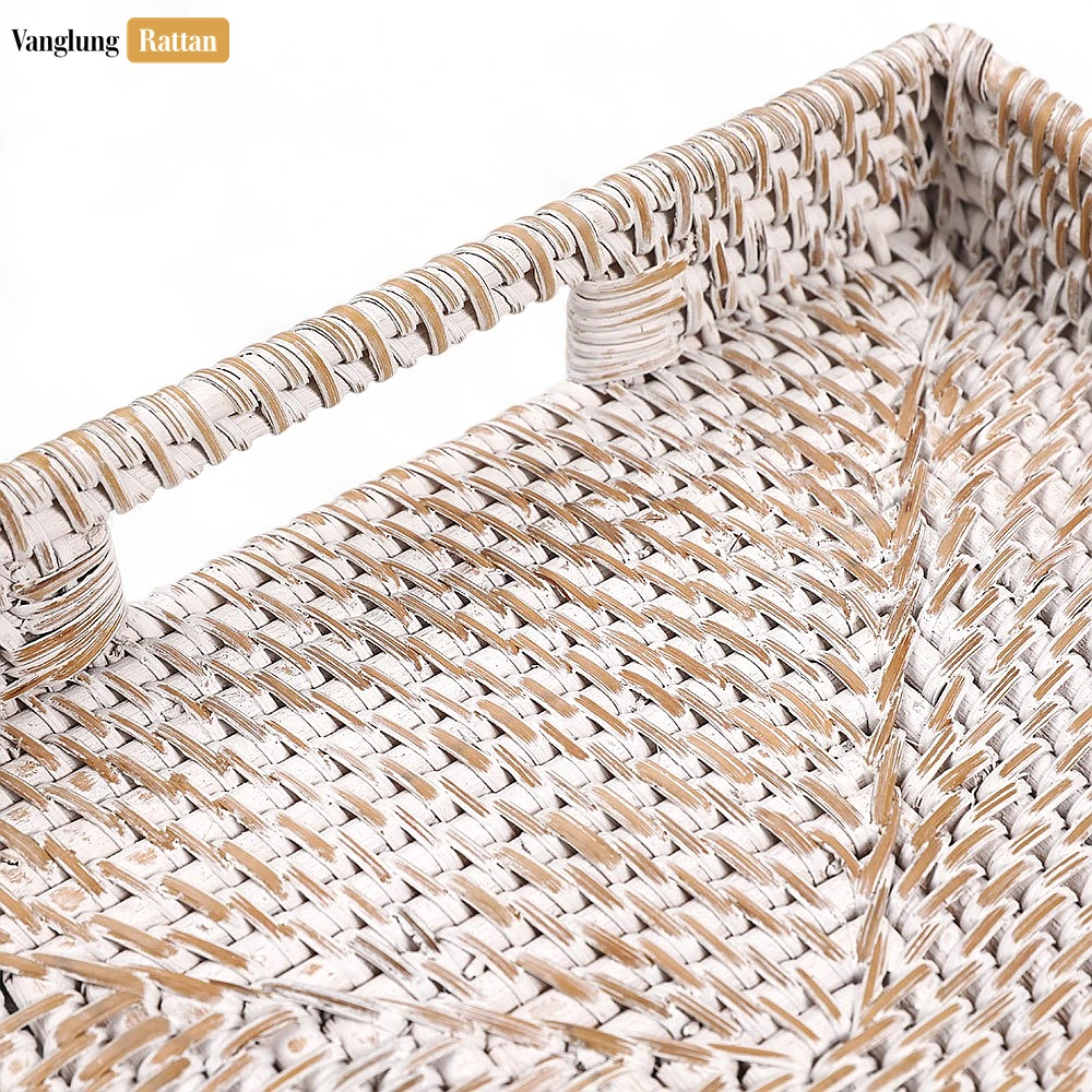 Rattan Export White Wash Handwoven Rectangle Straw Rattan Handles Serving Tray with Fine Weave - REX-STCN011002WW