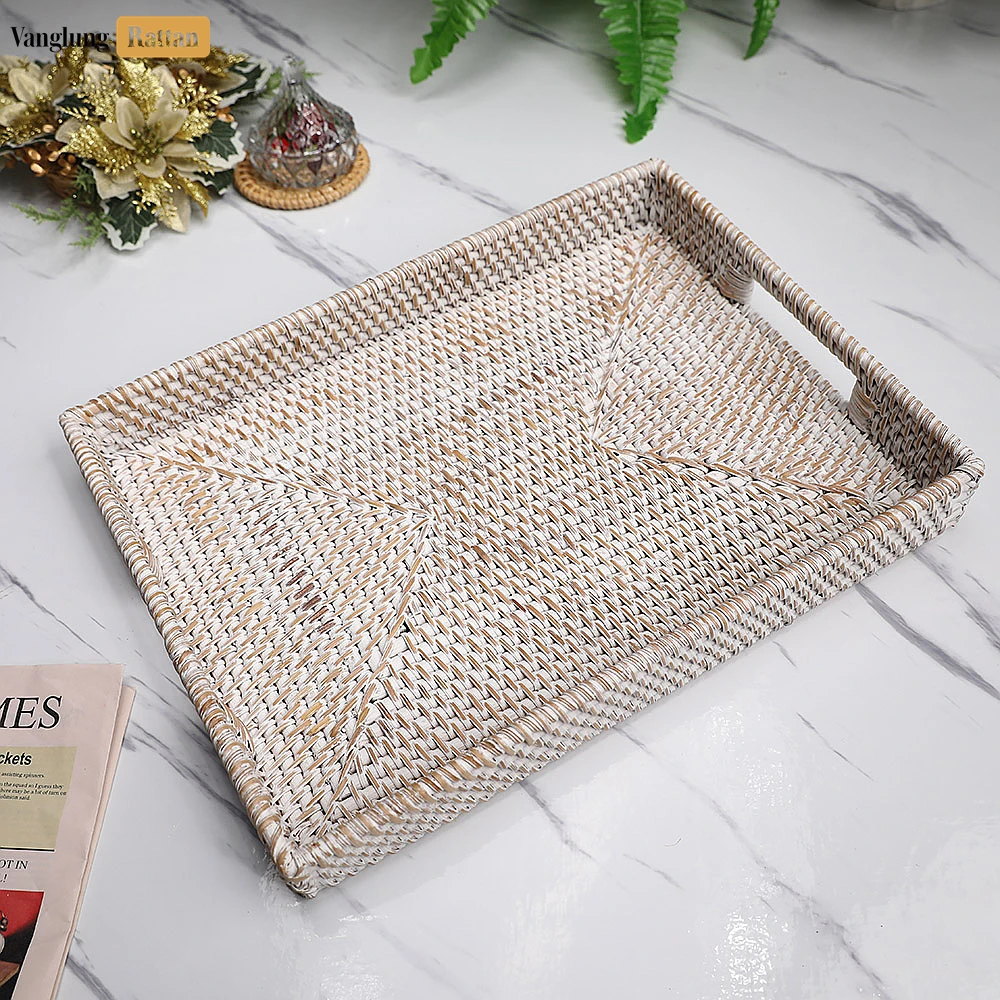 Rattan Export White Wash Handwoven Rectangle Straw Rattan Handles Serving Tray with Fine Weave - REX-STCN011002WW