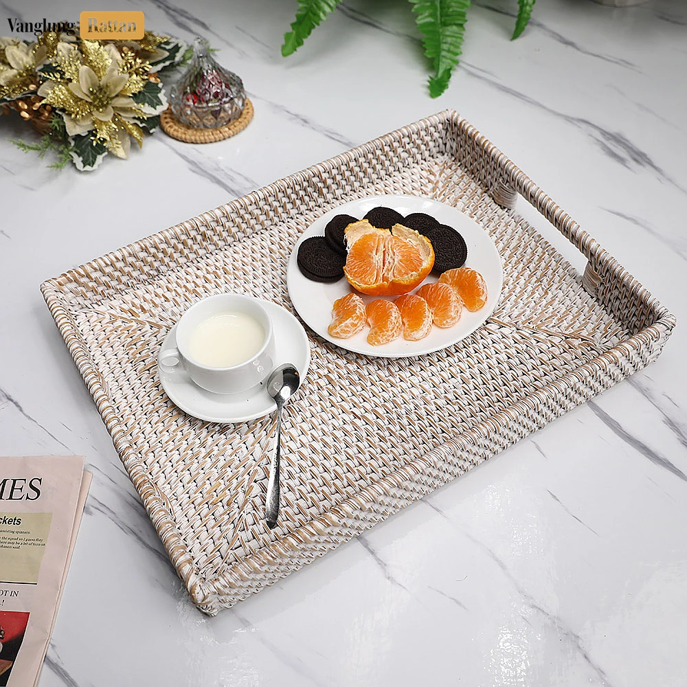 Rattan Export White Wash Handwoven Rectangle Straw Rattan Handles Serving Tray with Fine Weave - REX-STCN011002WW