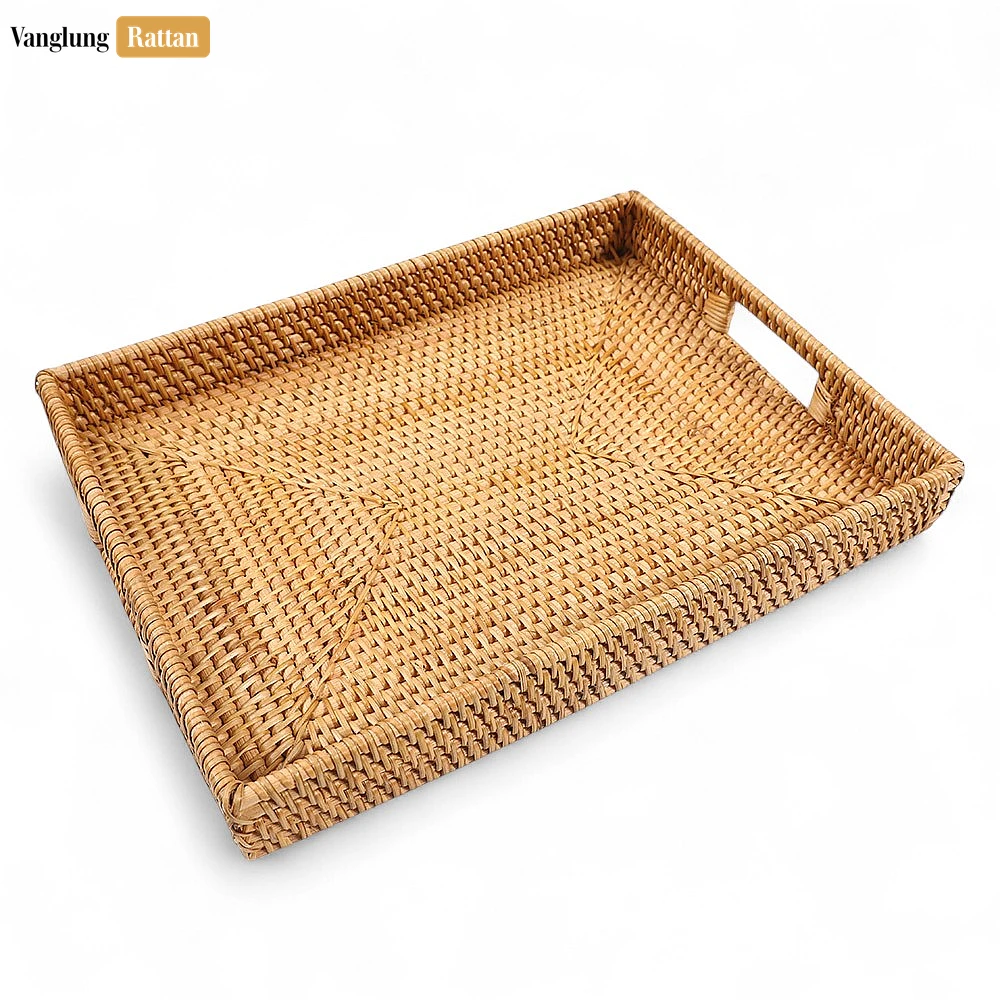 Rattan Export Brown Handwoven Rectangle Straw Rattan Handles Serving Tray with Fine Weave - REX-STCN011002BR