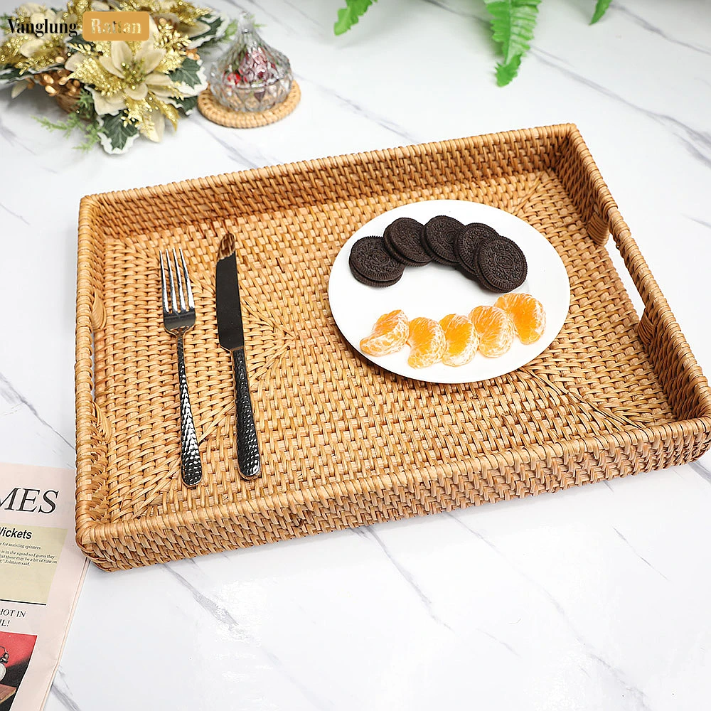 Rattan Export Brown Handwoven Rectangle Straw Rattan Handles Serving Tray with Fine Weave - REX-STCN011002BR