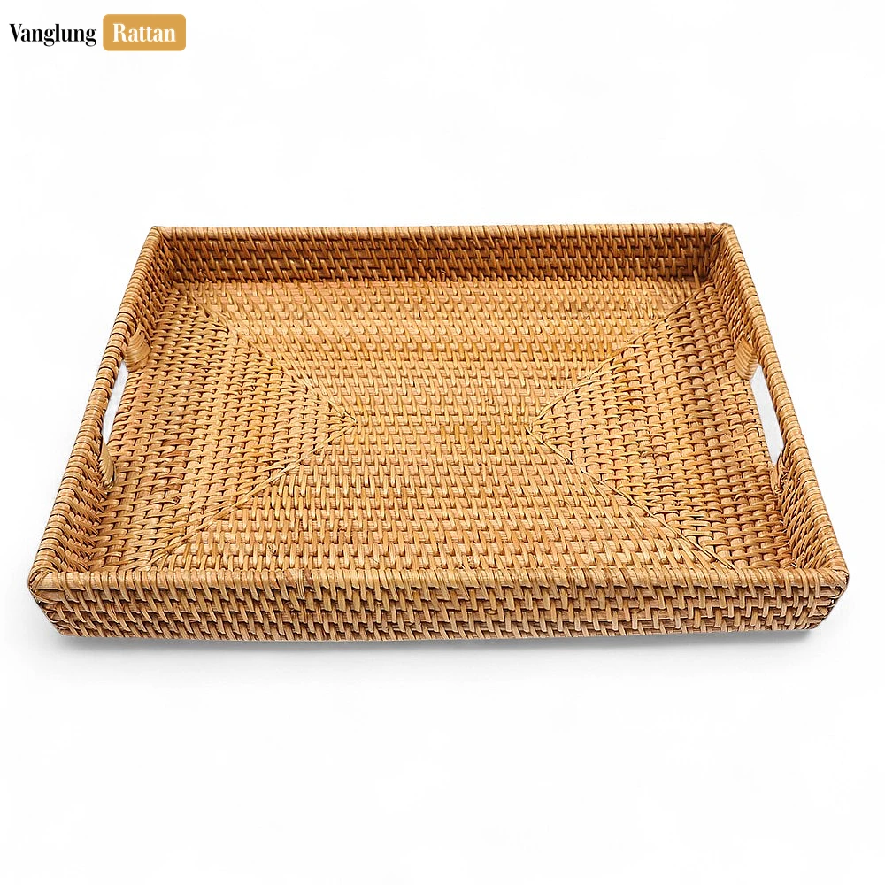 Rattan Export Brown Handwoven Rectangle Straw Rattan Handles Serving Tray with Fine Weave - REX-STCN011002BR