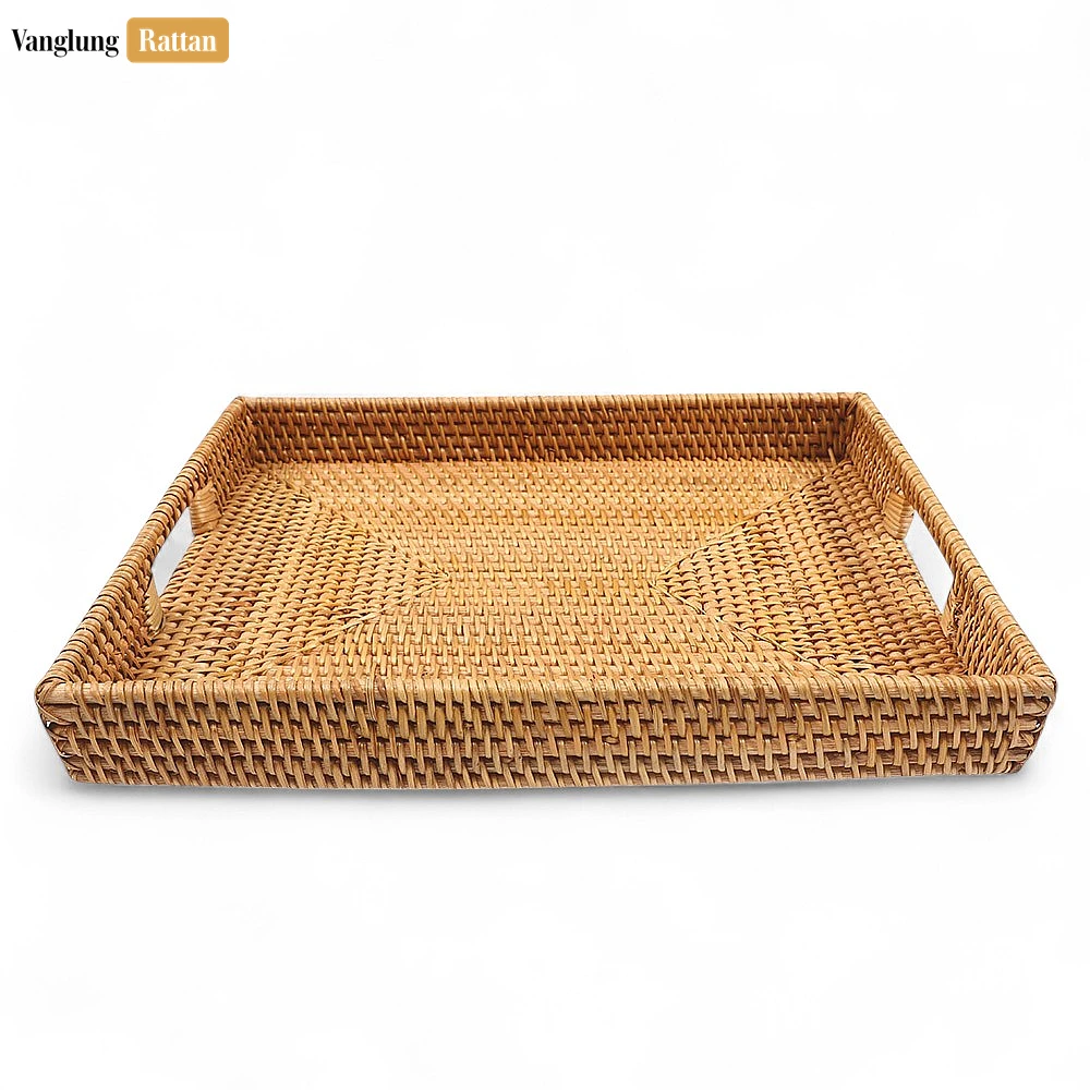 Rattan Export Brown Handwoven Rectangle Straw Rattan Handles Serving Tray with Fine Weave - REX-STCN011002BR