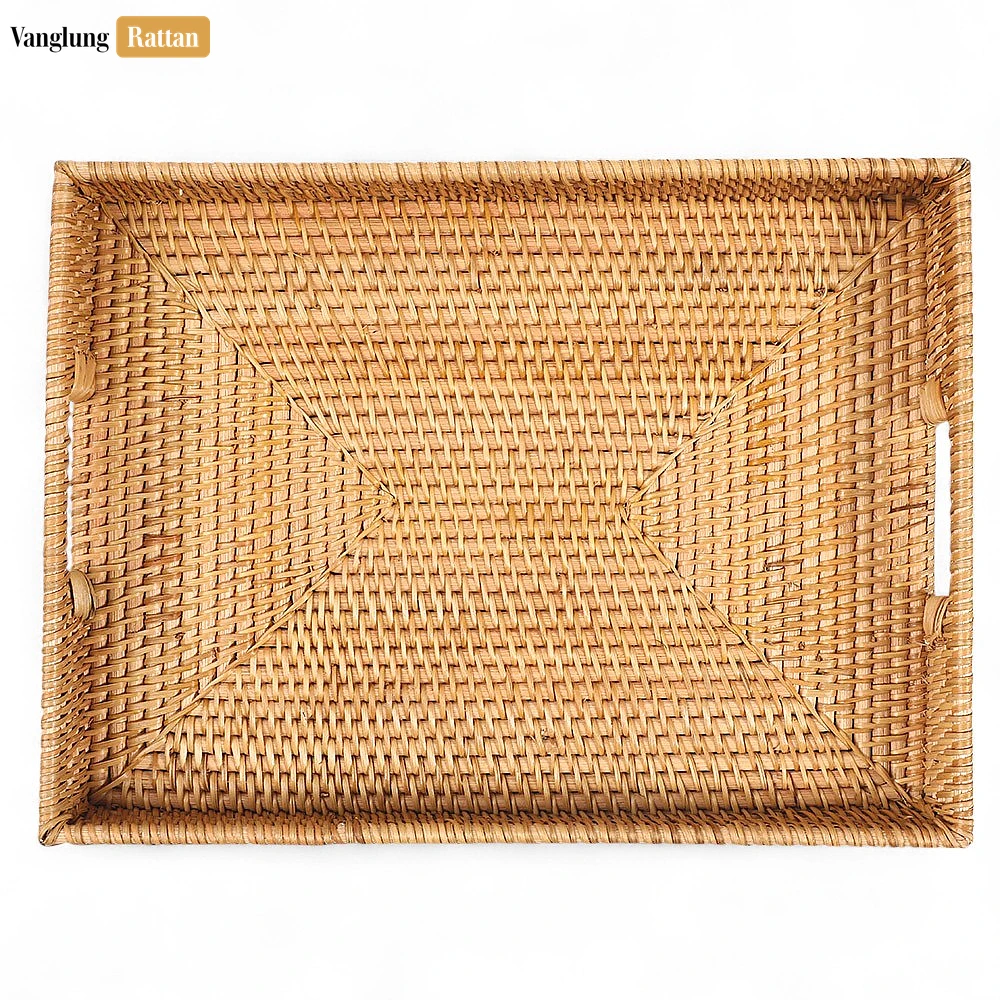 Rattan Export Brown Handwoven Rectangle Straw Rattan Handles Serving Tray with Fine Weave - REX-STCN011002BR