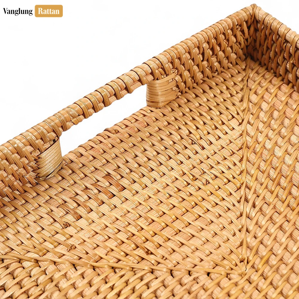 Rattan Export Brown Handwoven Rectangle Straw Rattan Handles Serving Tray with Fine Weave - REX-STCN011002BR