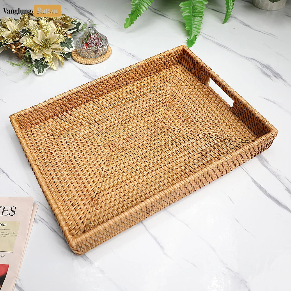 Rattan Export Brown Handwoven Rectangle Straw Rattan Handles Serving Tray with Fine Weave - REX-STCN011002BR
