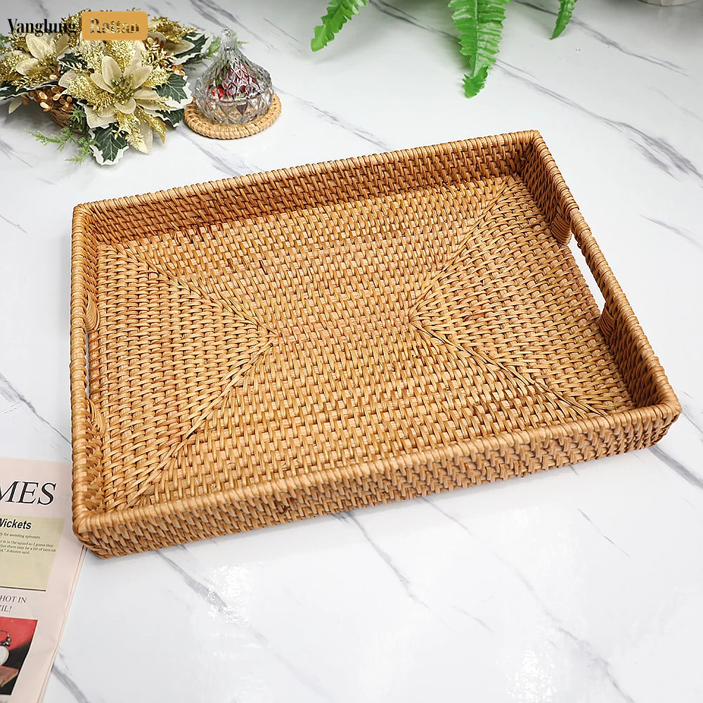 Rattan Export Brown Handwoven Rectangle Straw Rattan Handles Serving Tray with Fine Weave - REX-STCN011002BR