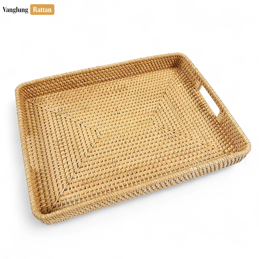 Rattan Export Natural Handwoven Rectangle Straw Rattan Handles Serving Tray with Fine Weave - REX-STCN011001GR