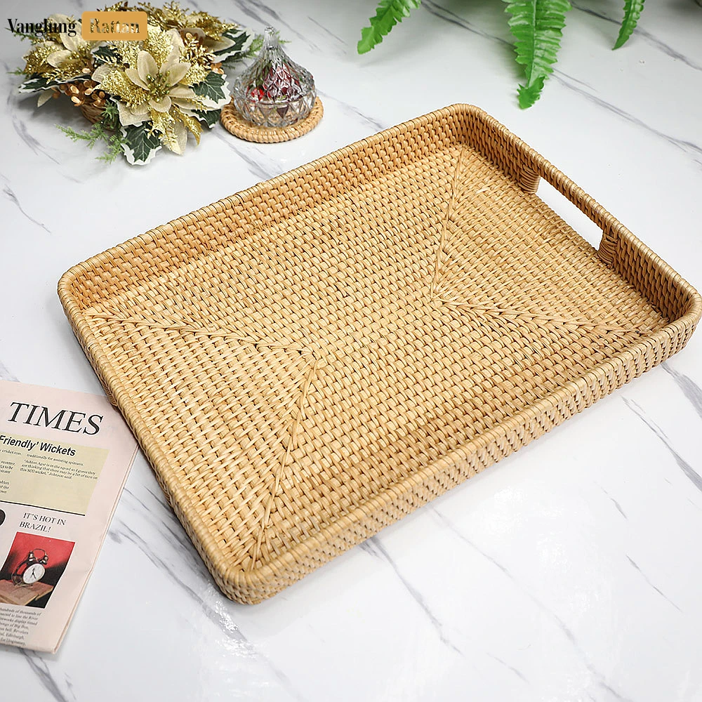 Rattan Export Natural Handwoven Rectangle Straw Rattan Handles Serving Tray with Fine Weave - REX-STCN011001GR