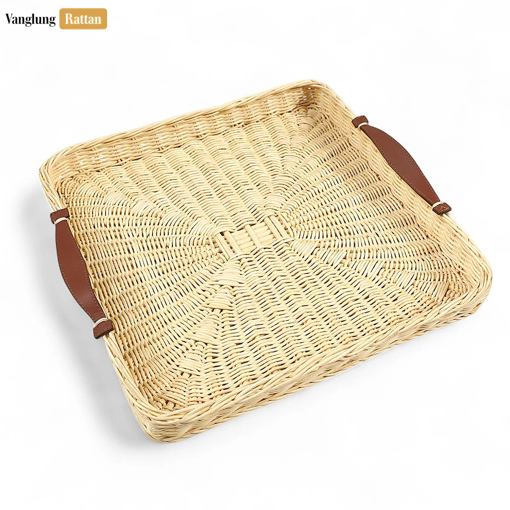 Rattan Export Handmade Square Rattan Serving Tray with Brown Leather Handles and Sunburst Weave - REX-ST03HQ1003