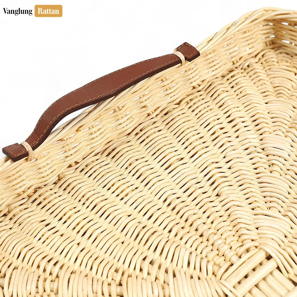 Rattan Export Handmade Square Rattan Serving Tray with Brown Leather Handles and Sunburst Weave - REX-ST03HQ1003