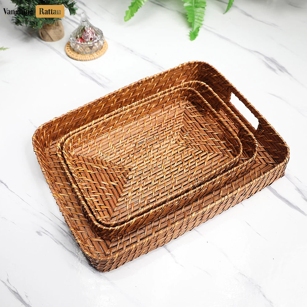 Rattan Export Handwoven Brown Round Rectangle Bamboo Rattan Serving Tray with Integrated Handles - REX-STCN051007S