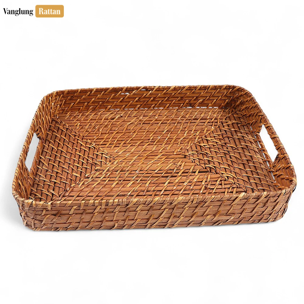 Rattan Export Handwoven Brown Round Rectangle Bamboo Rattan Serving Tray with Integrated Handles - REX-STCN051007S
