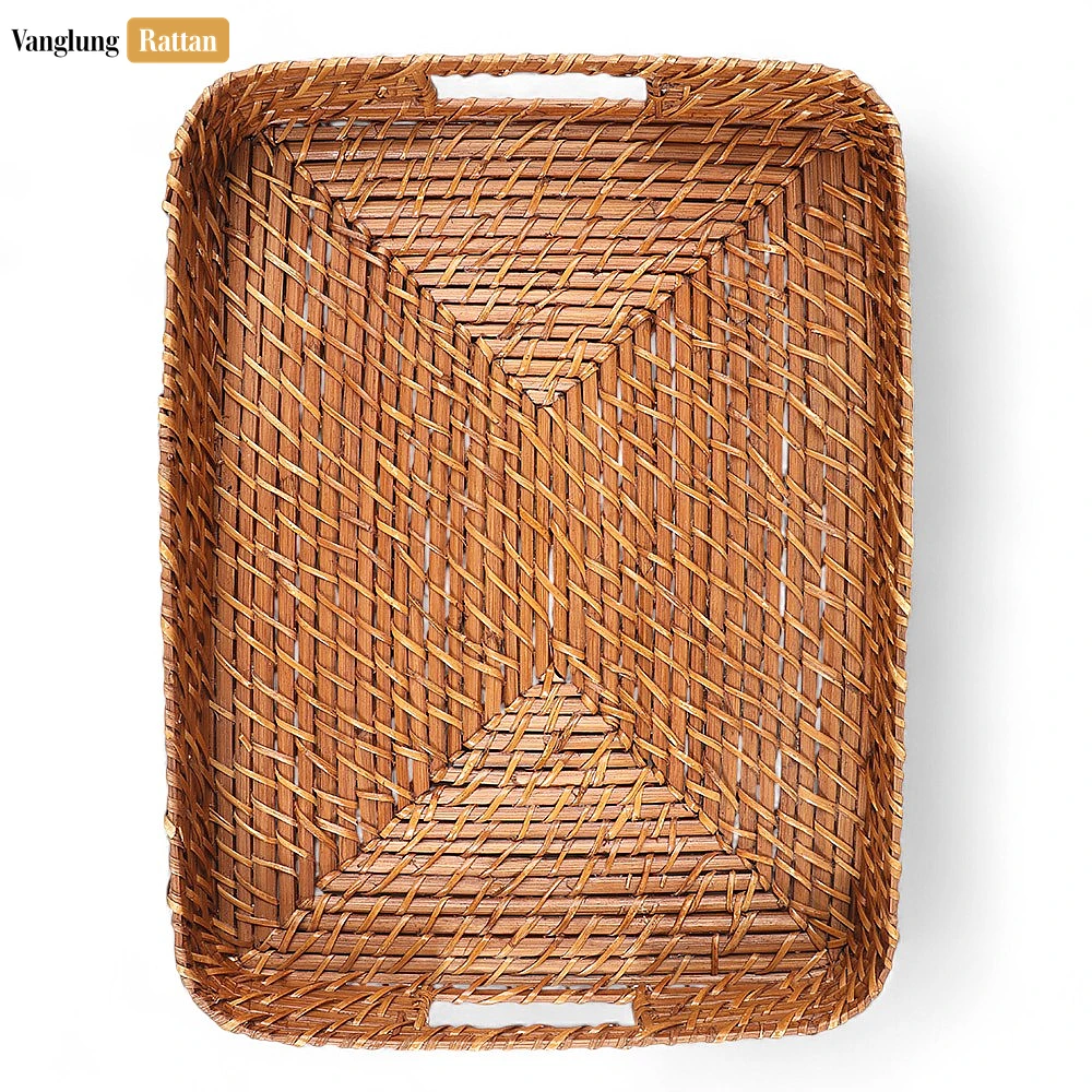 Rattan Export Handwoven Brown Round Rectangle Bamboo Rattan Serving Tray with Integrated Handles - REX-STCN051007S