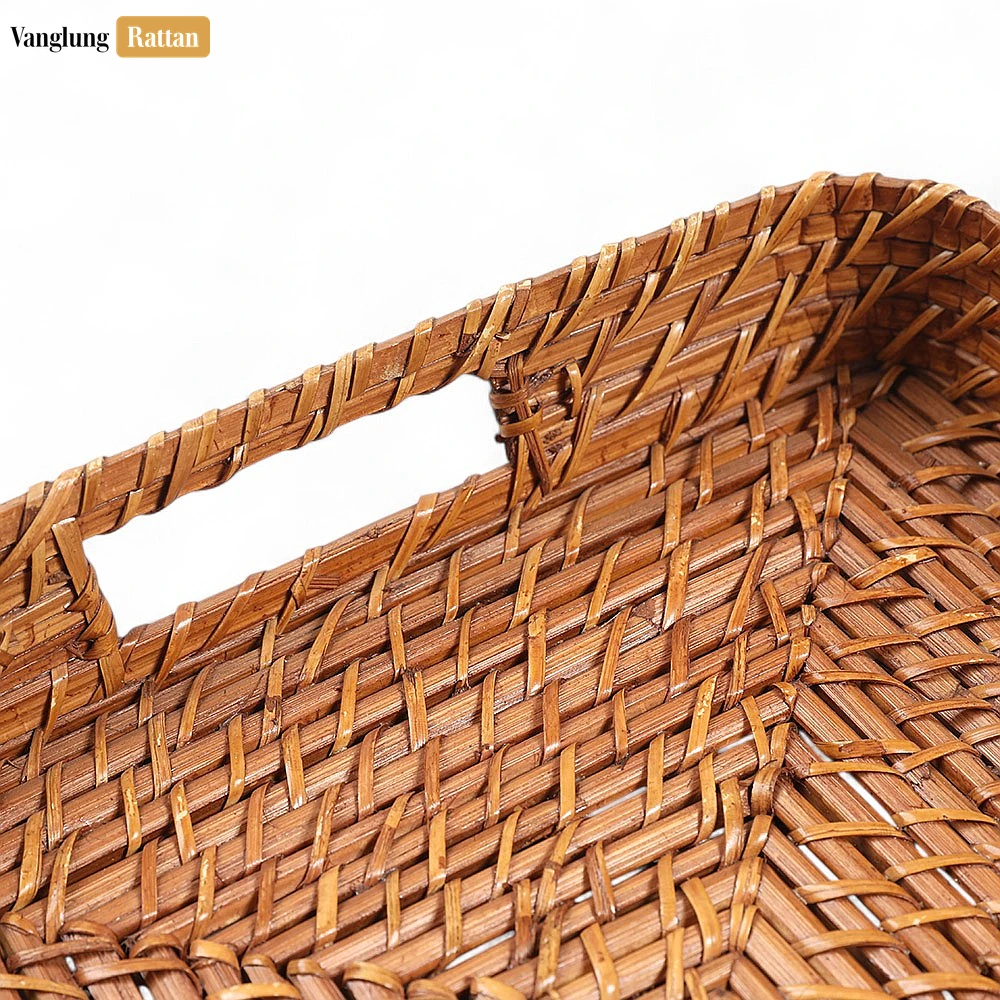 Rattan Export Handwoven Brown Round Rectangle Bamboo Rattan Serving Tray with Integrated Handles - REX-STCN051007S