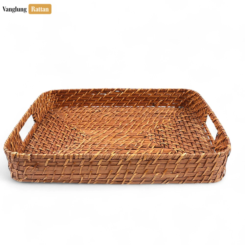 Rattan Export Handwoven Brown Round Rectangle Bamboo Rattan Serving Tray with Integrated Handles - REX-STCN051007S