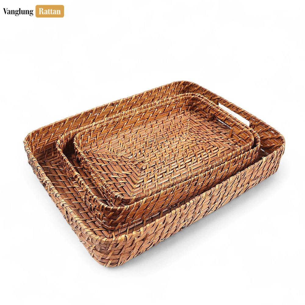 Rattan Export Handwoven Brown Round Rectangle Bamboo Rattan Serving Tray with Integrated Handles - REX-STCN051007S