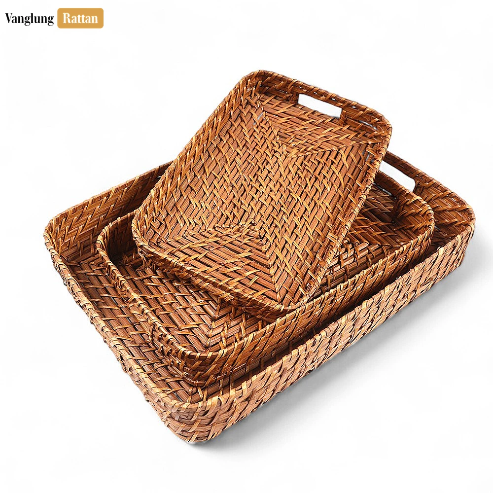 Rattan Export Handwoven Brown Round Rectangle Bamboo Rattan Serving Tray with Integrated Handles - REX-STCN051007S