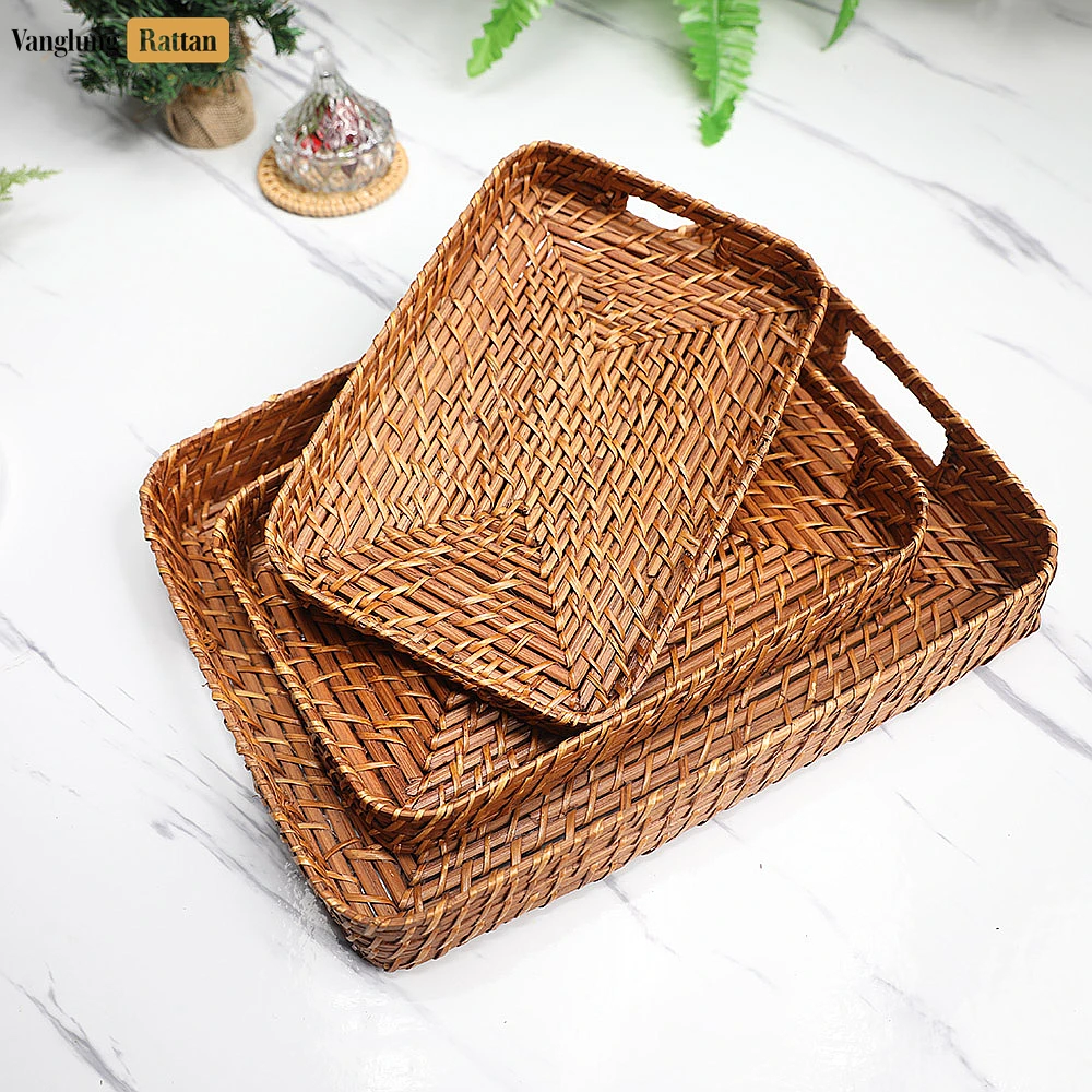 Rattan Export Handwoven Brown Round Rectangle Bamboo Rattan Serving Tray with Integrated Handles - REX-STCN051007S
