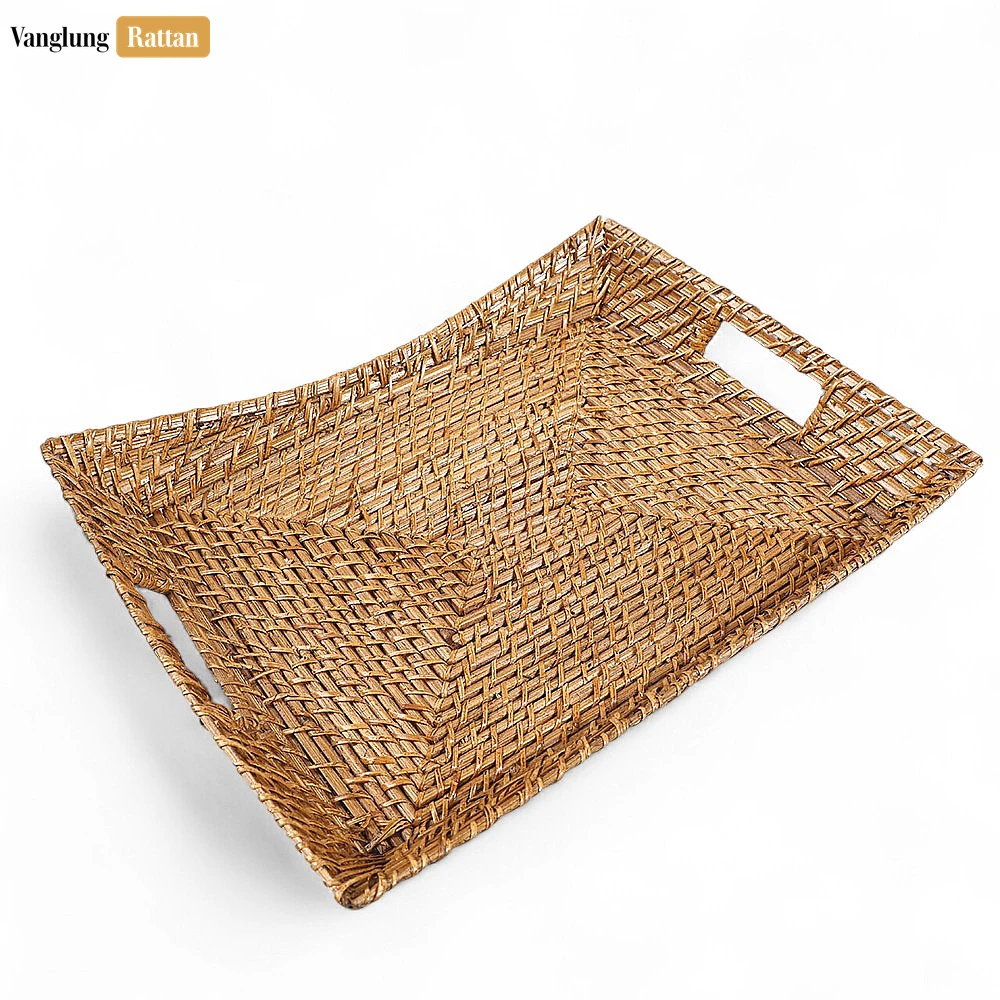 Rattan Export Handwoven Rectangle Bamboo Rattan Serving Tray with Curved Sides and Concentric Weave - REX-STCN051006