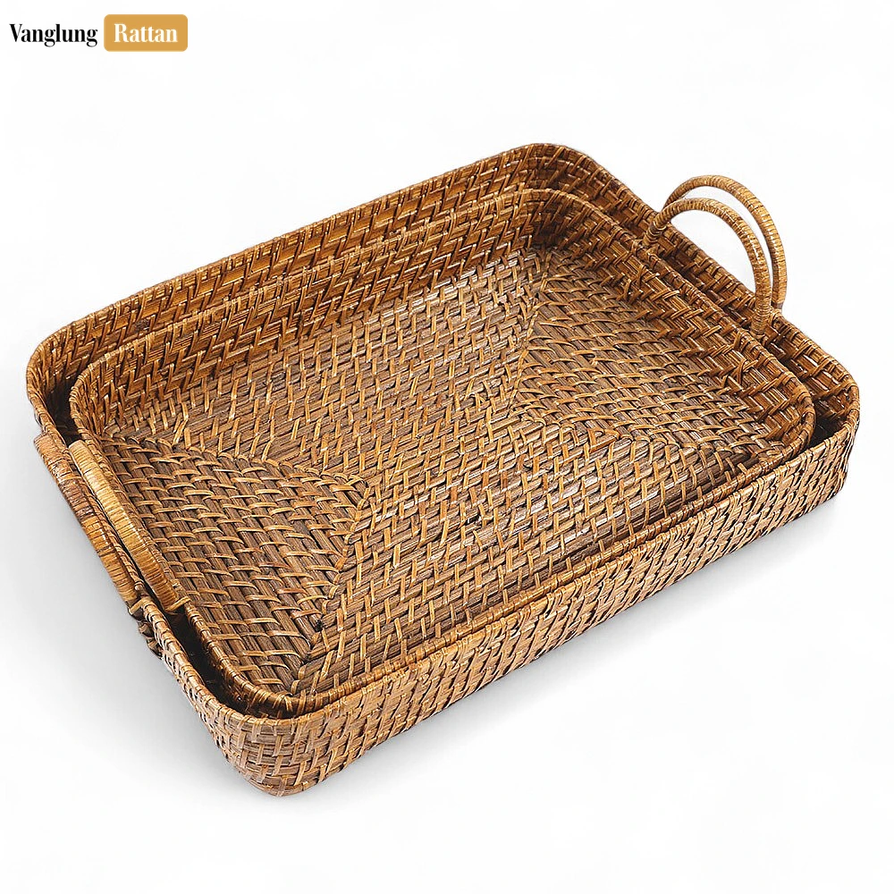 Rattan Export Handwoven Round Rectangle Bamboo Rattan Serving Tray with Arched Handles - REX-STCN051005S
