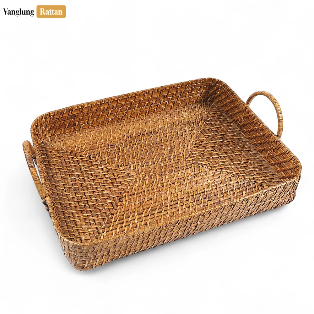 Rattan Export Handwoven Round Rectangle Bamboo Rattan Serving Tray with Arched Handles - REX-STCN051005S