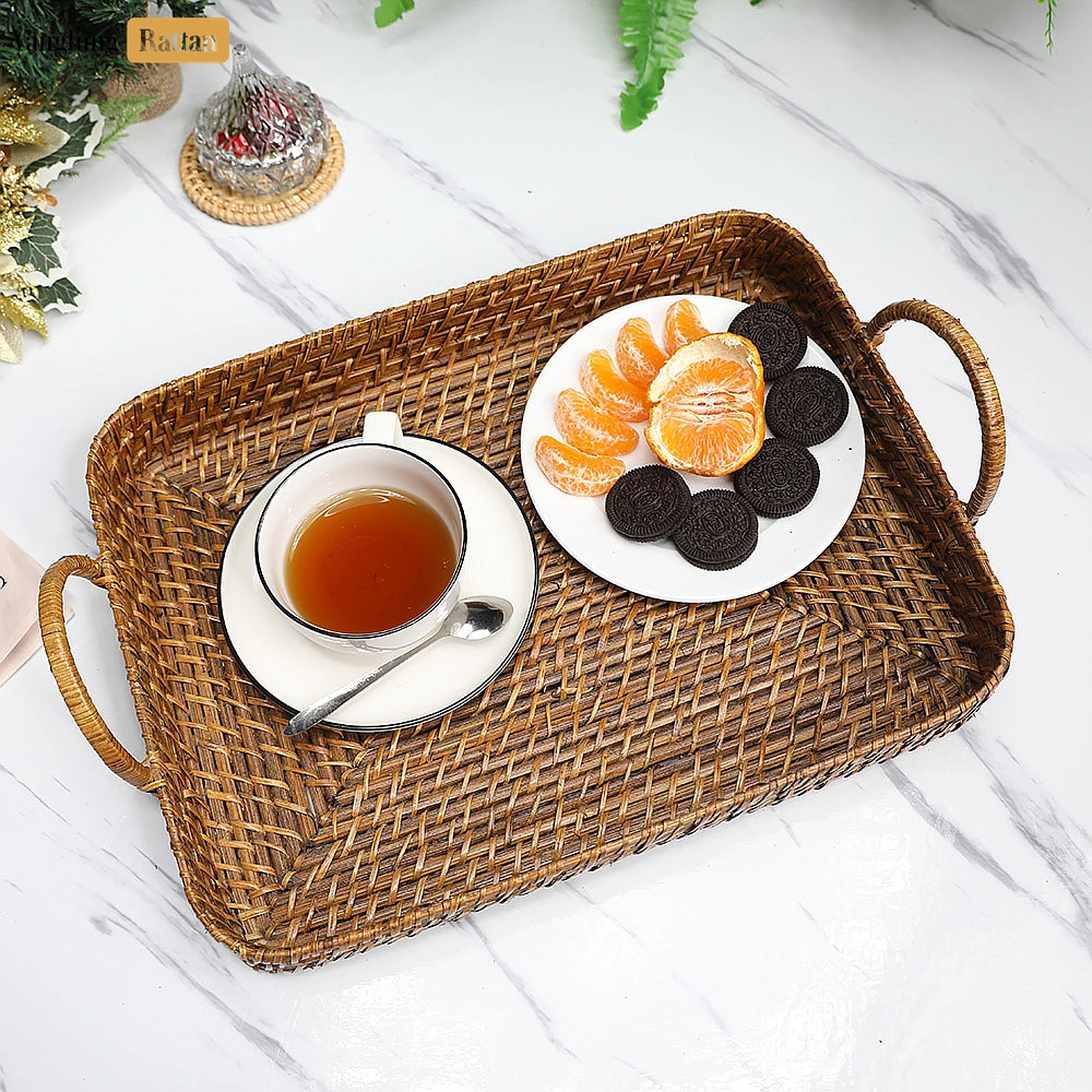 Rattan Export Handwoven Round Rectangle Bamboo Rattan Serving Tray with Arched Handles - REX-STCN051005S