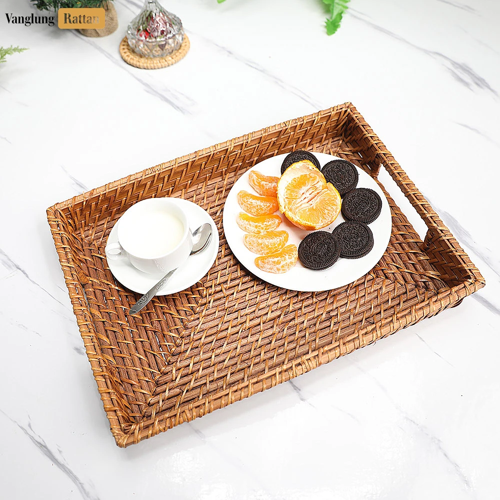 Rattan Export Handwoven Rectangle Bamboo Rattan Handle Serving Tray with Intricate Weave - REX-STCN051003