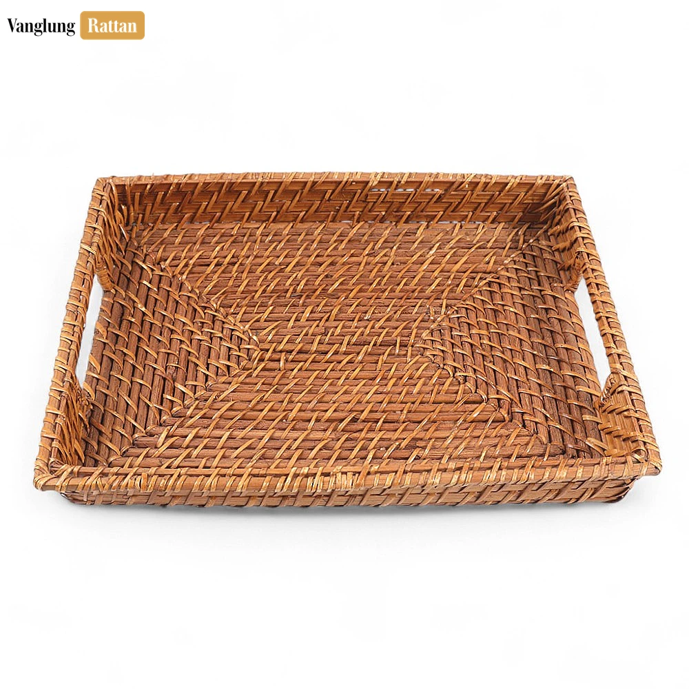 Rattan Export Handwoven Rectangle Bamboo Rattan Handle Serving Tray with Intricate Weave - REX-STCN051003