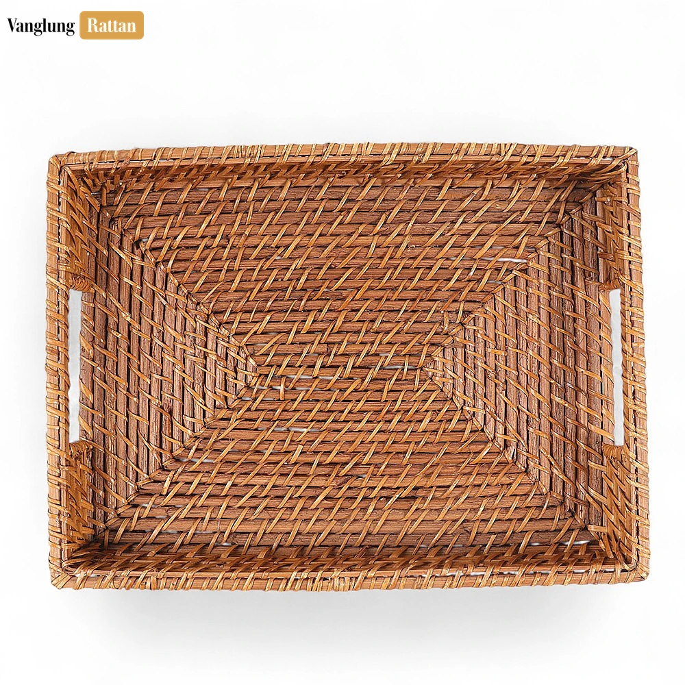 Rattan Export Handwoven Rectangle Bamboo Rattan Handle Serving Tray with Intricate Weave - REX-STCN051003