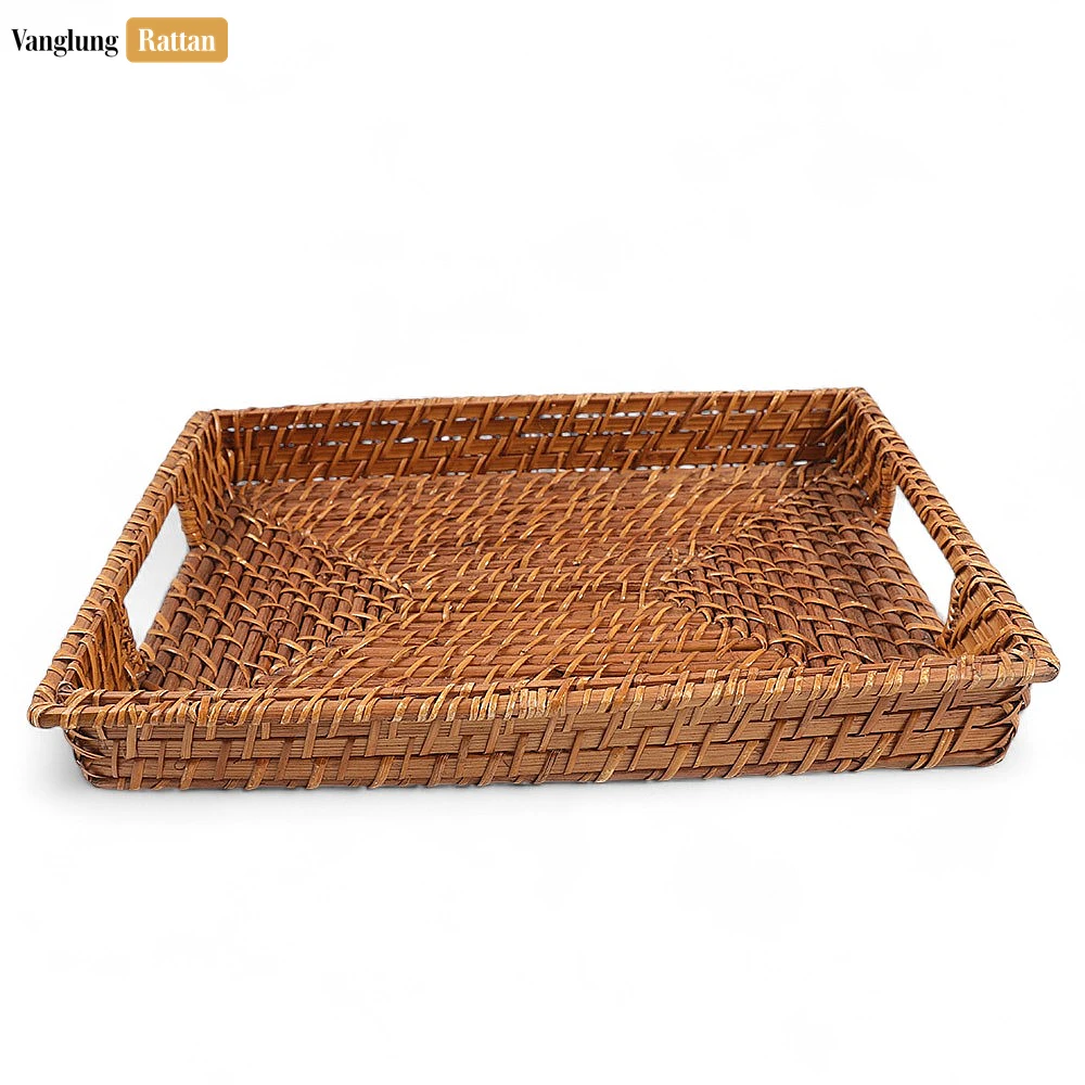 Rattan Export Handwoven Rectangle Bamboo Rattan Handle Serving Tray with Intricate Weave - REX-STCN051003