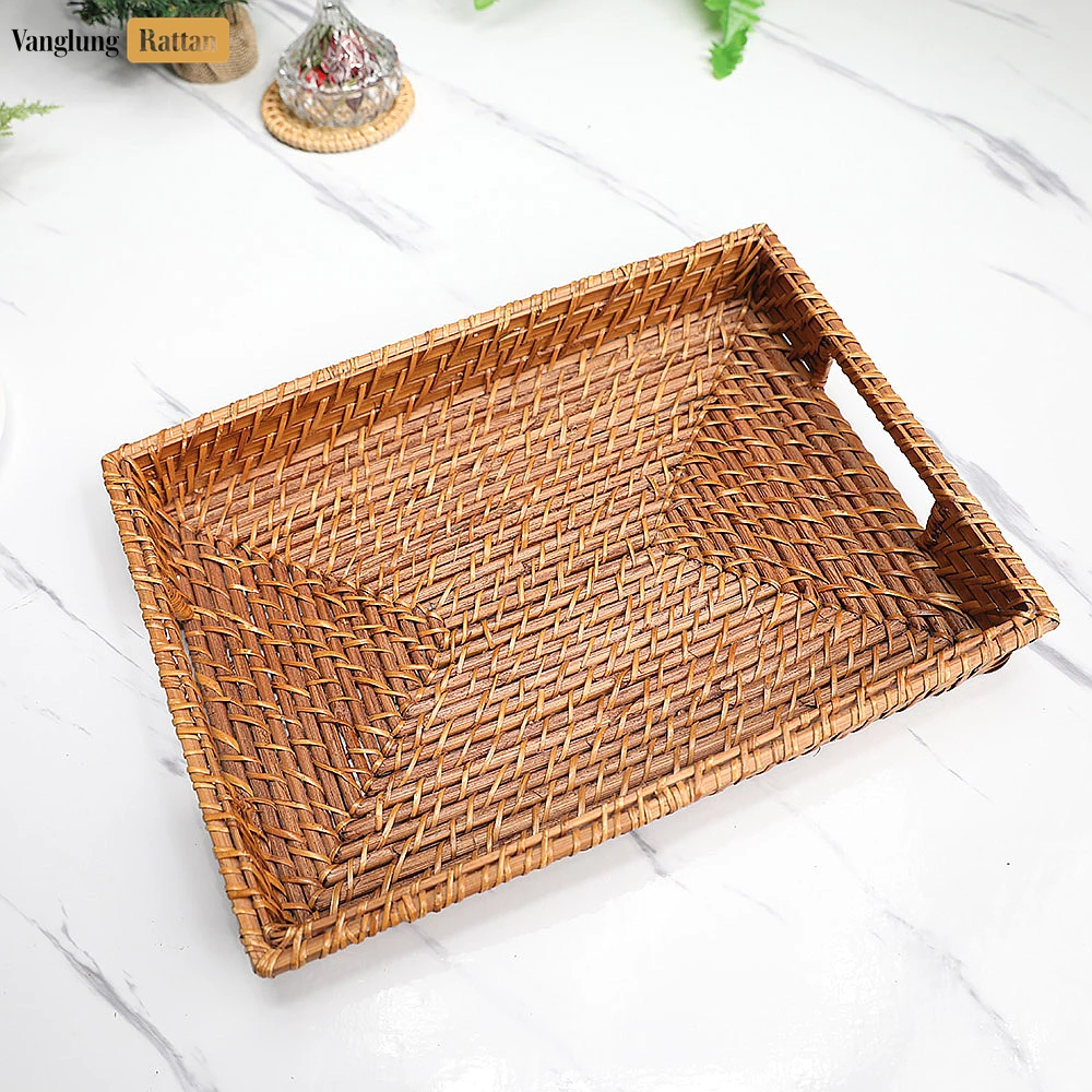 Rattan Export Handwoven Rectangle Bamboo Rattan Handle Serving Tray with Intricate Weave - REX-STCN051003