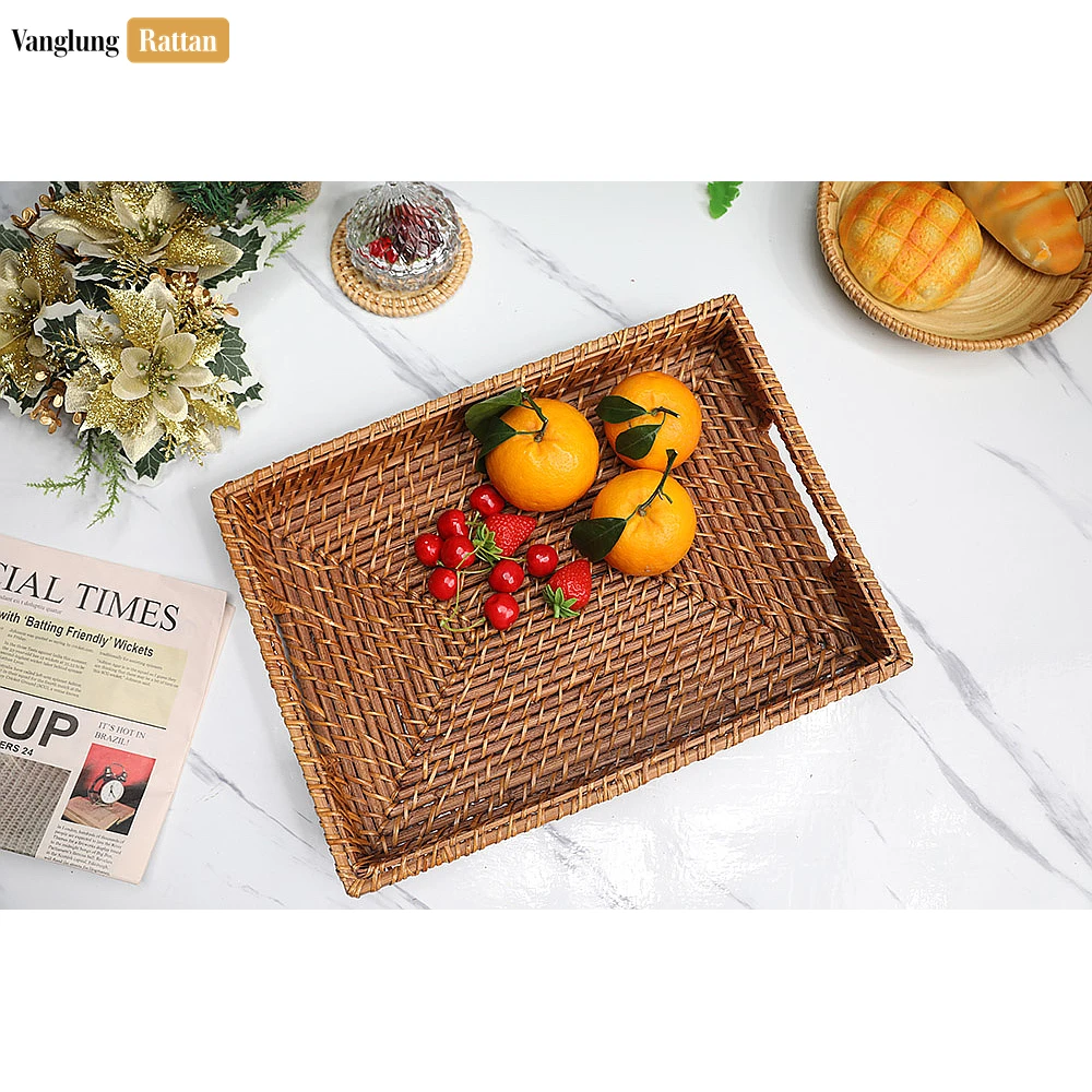 Rattan Export Handwoven Rectangle Bamboo Rattan Handle Serving Tray with Intricate Weave - REX-STCN051003