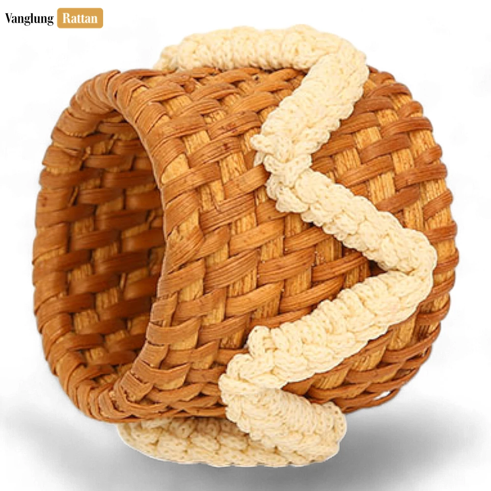 Rattan Export Handwoven Natural Basketweave Straw Rattan Napkin Ring with White Macrame Accent - REX-TW011006-PP