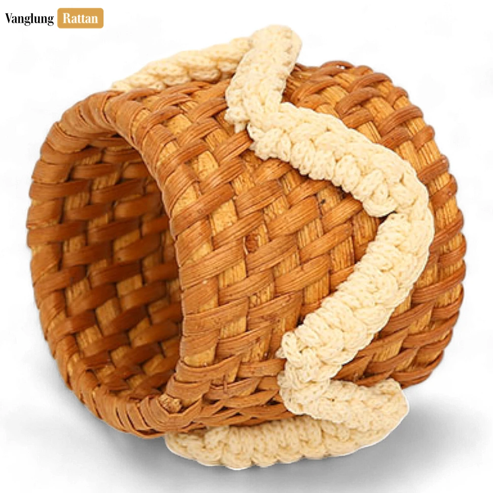Rattan Export Handwoven Natural Basketweave Straw Rattan Napkin Ring with White Macrame Accent - REX-TW011006-PP