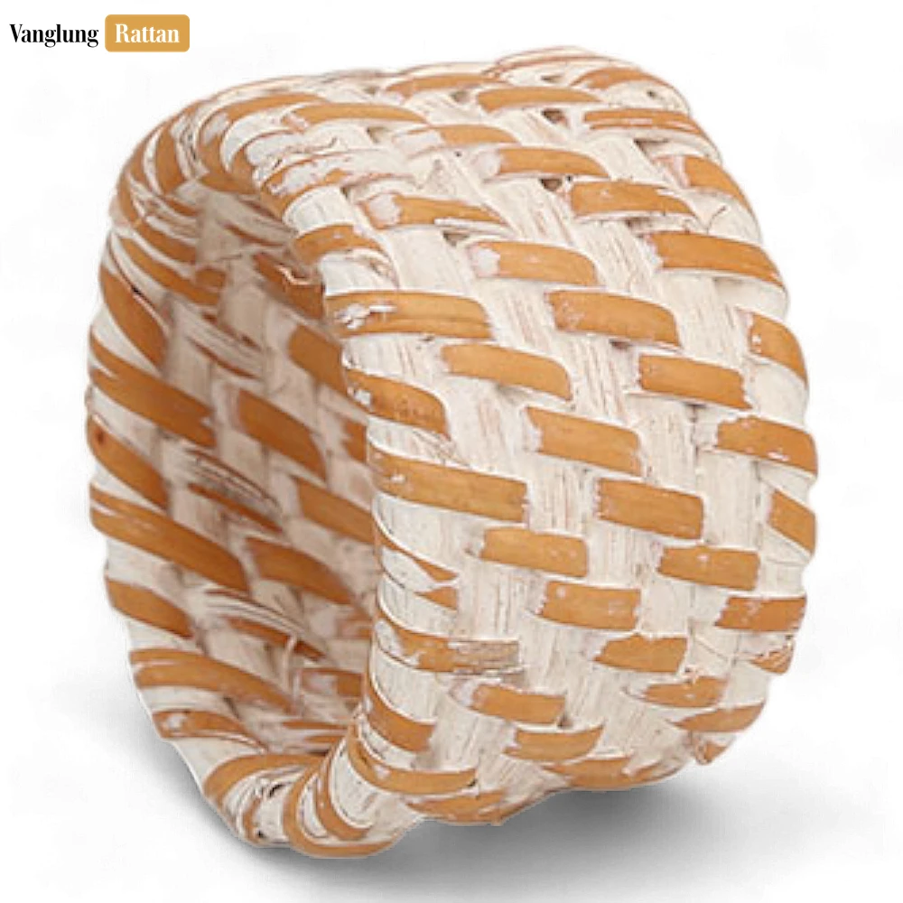 Rattan Export Whitewash Handmade Rustic Basketweave Full Rattan Napkin Ring - REX-TW021001-WW