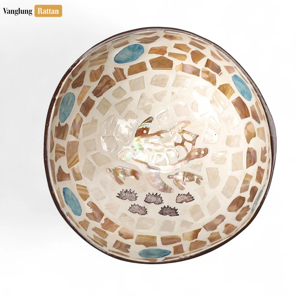 Rattan Export Handmade Coconut Bowl Mother of Pearl with Sea Turtle and Colorful Polka Dots Mosaic - REX-TW09CC010