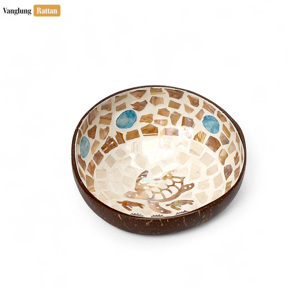 Rattan Export Handmade Coconut Bowl Mother of Pearl with Sea Turtle and Colorful Polka Dots Mosaic - REX-TW09CC010
