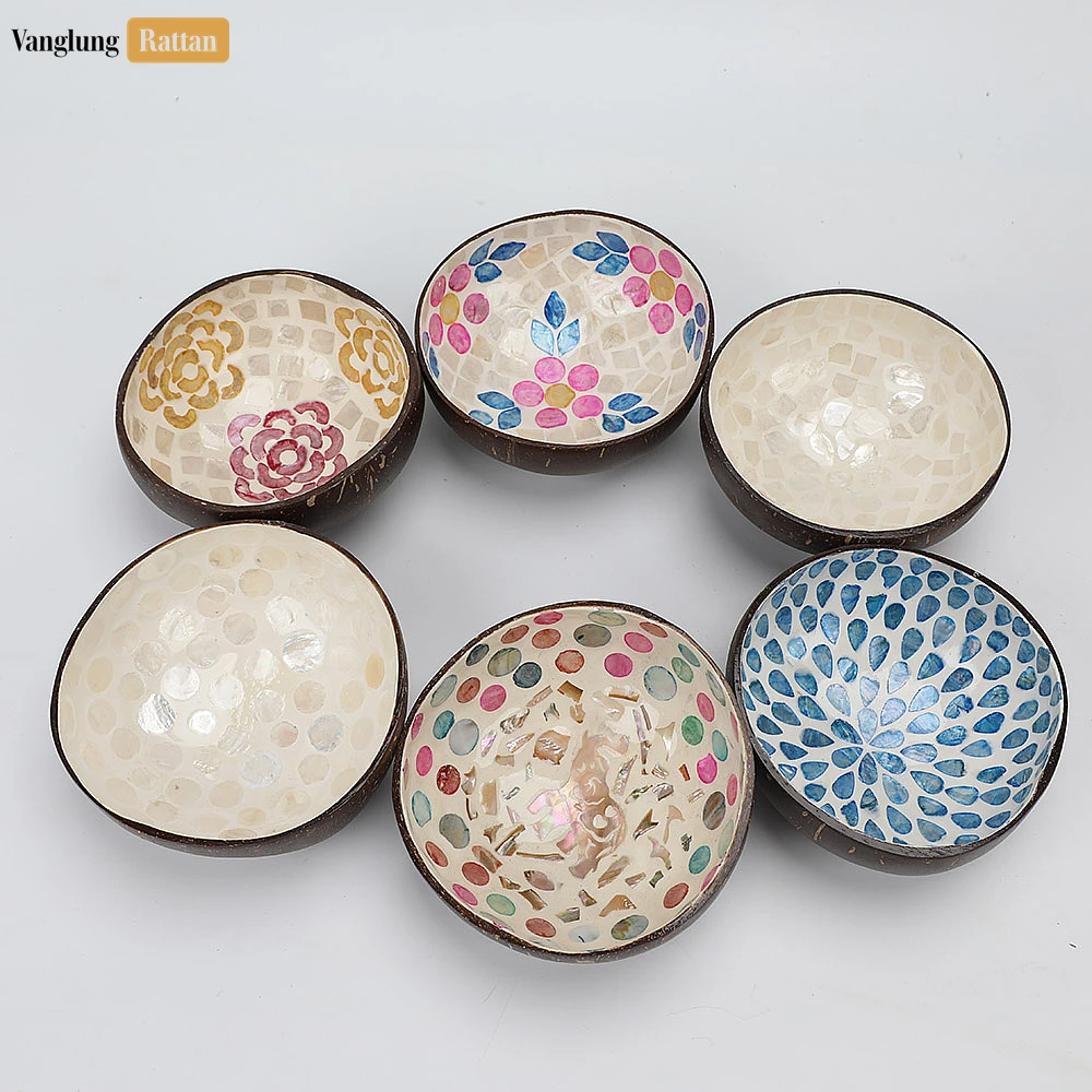 Rattan Export Handmade Coconut Bowl Mother of Pearl with Sea Turtle and Colorful Polka Dots Mosaic - REX-TW09CC010