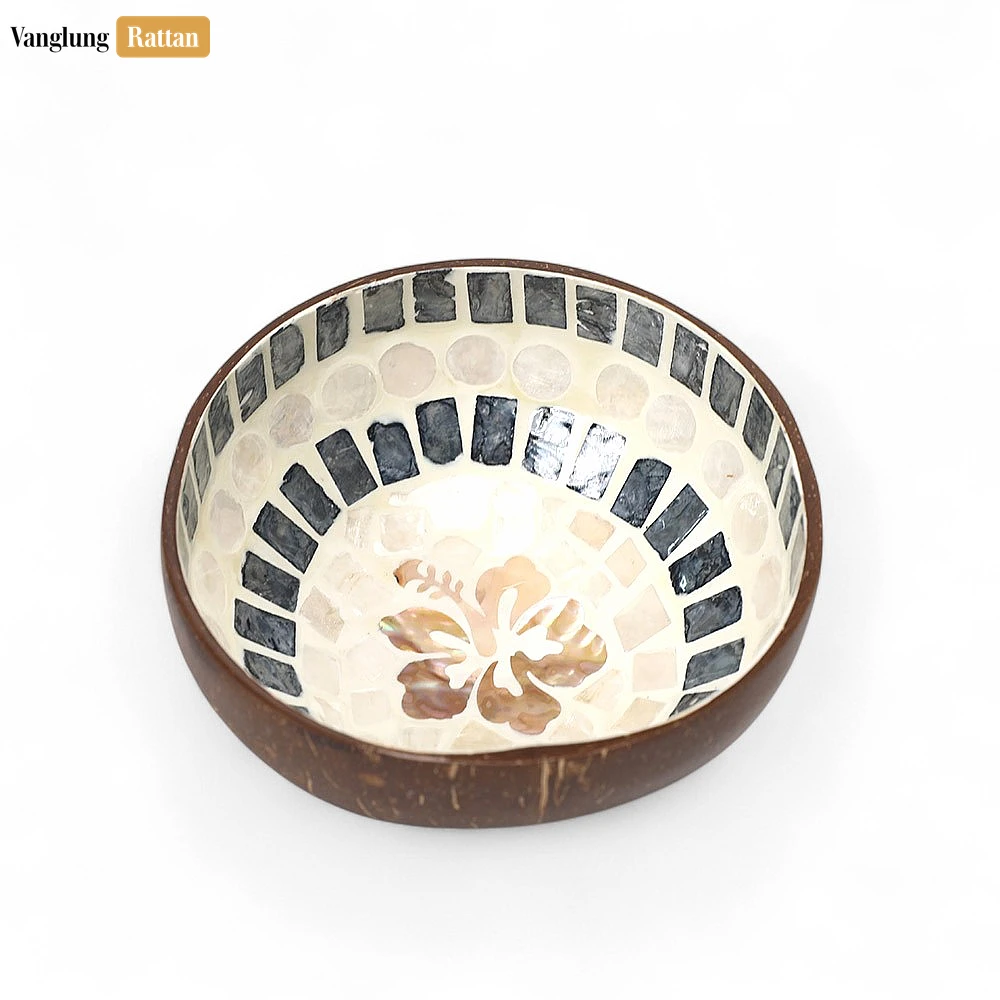 Rattan Export Handmade Coconut Bowl Mother of Pearl with Hibiscus Mosaic - REX-TW09CC009
