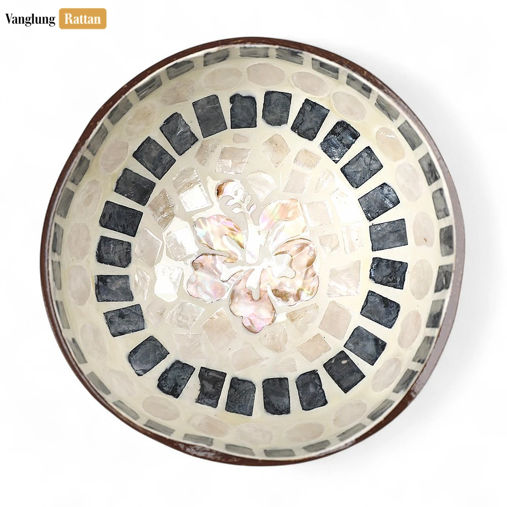 Rattan Export Handmade Coconut Bowl Mother of Pearl with Hibiscus Mosaic - REX-TW09CC009